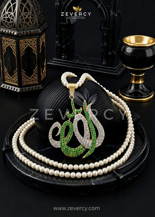 Noor-Allah Pendant Pearl Mala – Islamic Calligraphy by Zevercy
