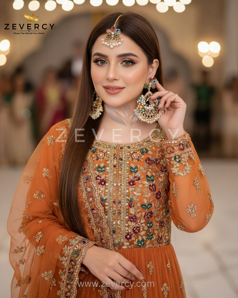 Hana Navaratan Chetam Floral Chandelier Earrings & Teeka by Zevercy