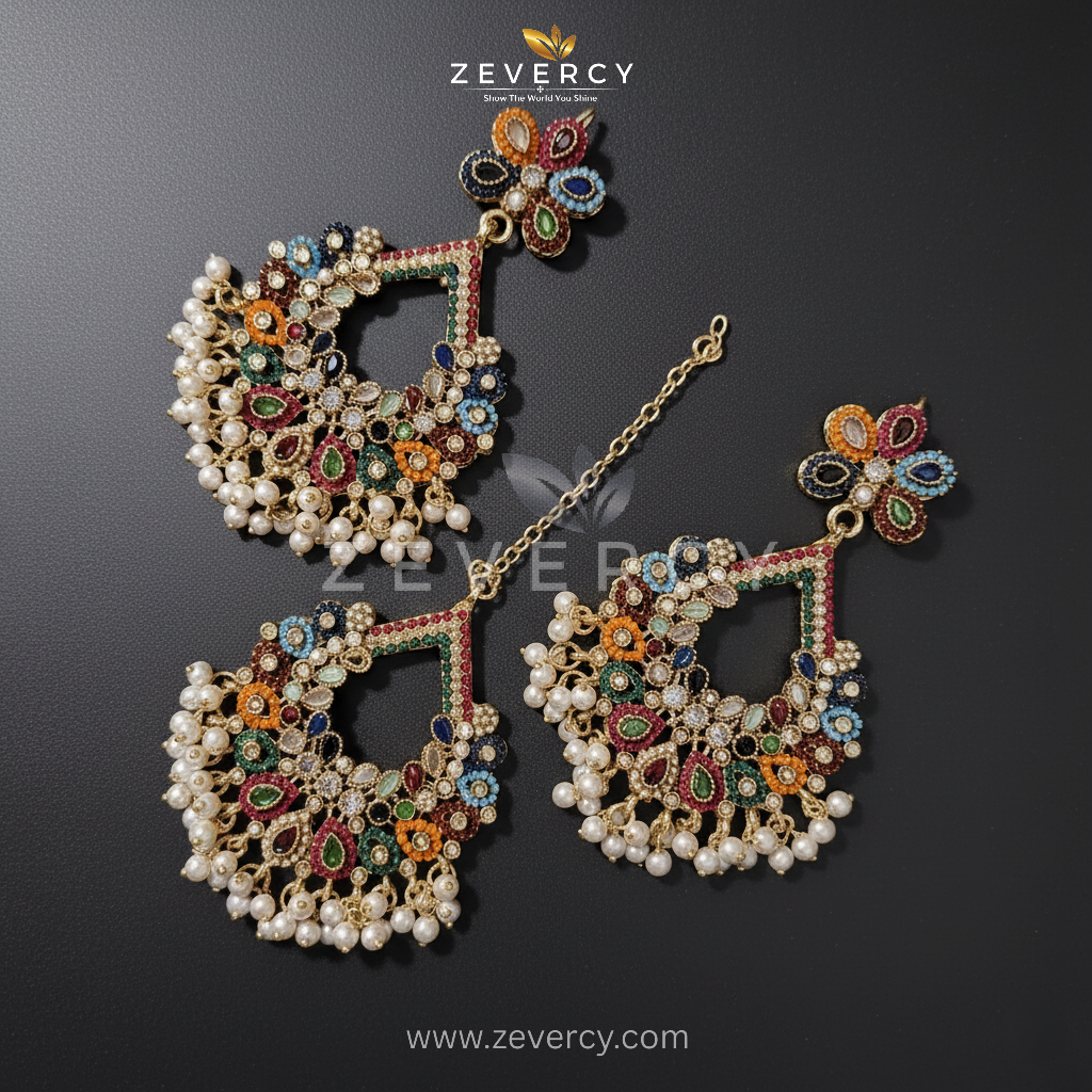 Hana Navaratan Chetam Floral Chandelier Earrings & Teeka by Zevercy