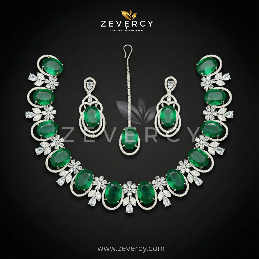 Preziosa AD Zircon Doublet Floral Oval Link Design Necklace Sets By Zevercy