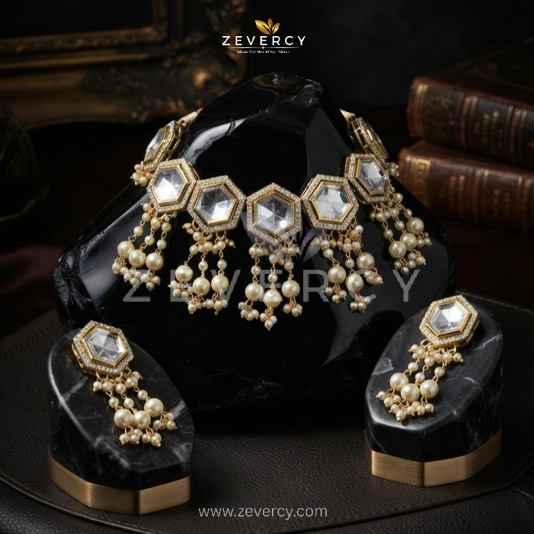 Original Indian Kundan Royalty — Pearl Necklace Set by Zevercy