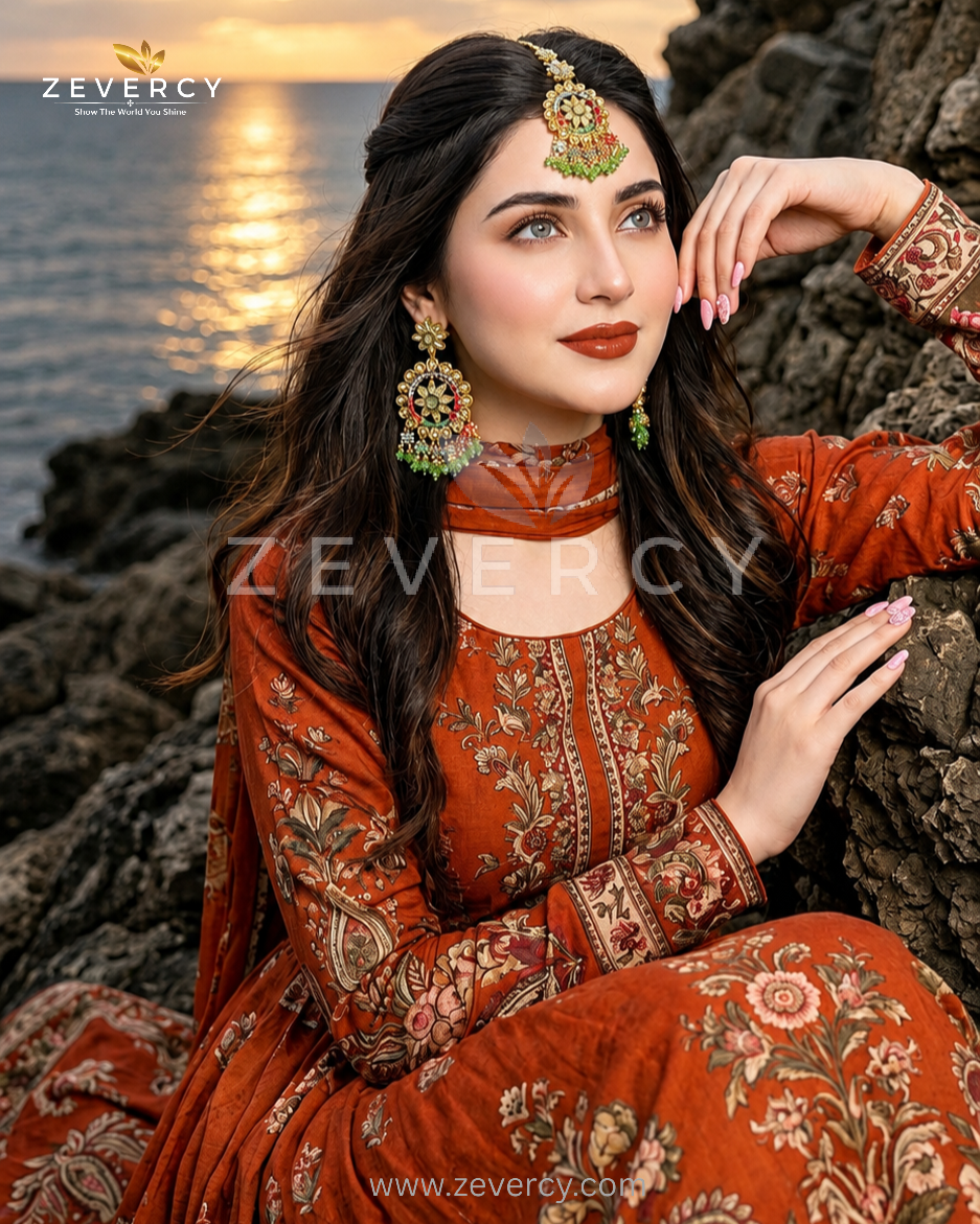 Noor-e-Navaratan Chetam Floral Circular Chandelier Earrings with Teeka By Zevercy