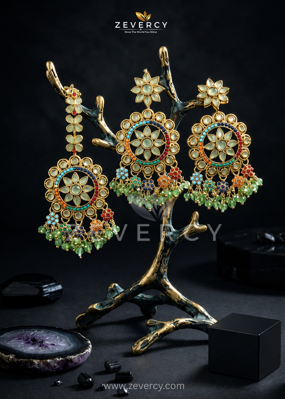 Noor-e-Navaratan Chetam Floral Circular Chandelier Earrings with Teeka By Zevercy