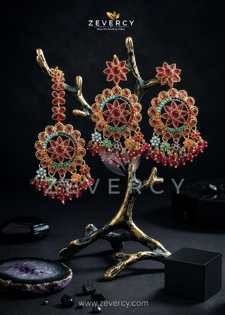 Noor-e-Navaratan Chetam Floral Circular Chandelier Earrings with Teeka By Zevercy
