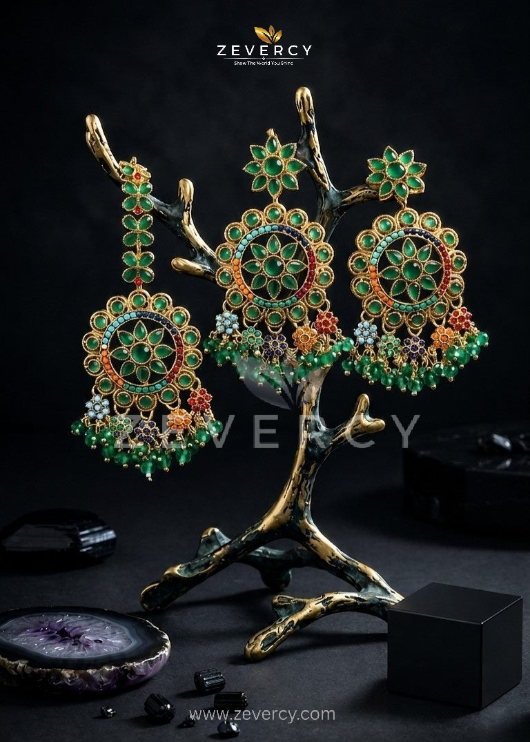 Noor-e-Navaratan Chetam Floral Circular Chandelier Earrings with Teeka By Zevercy