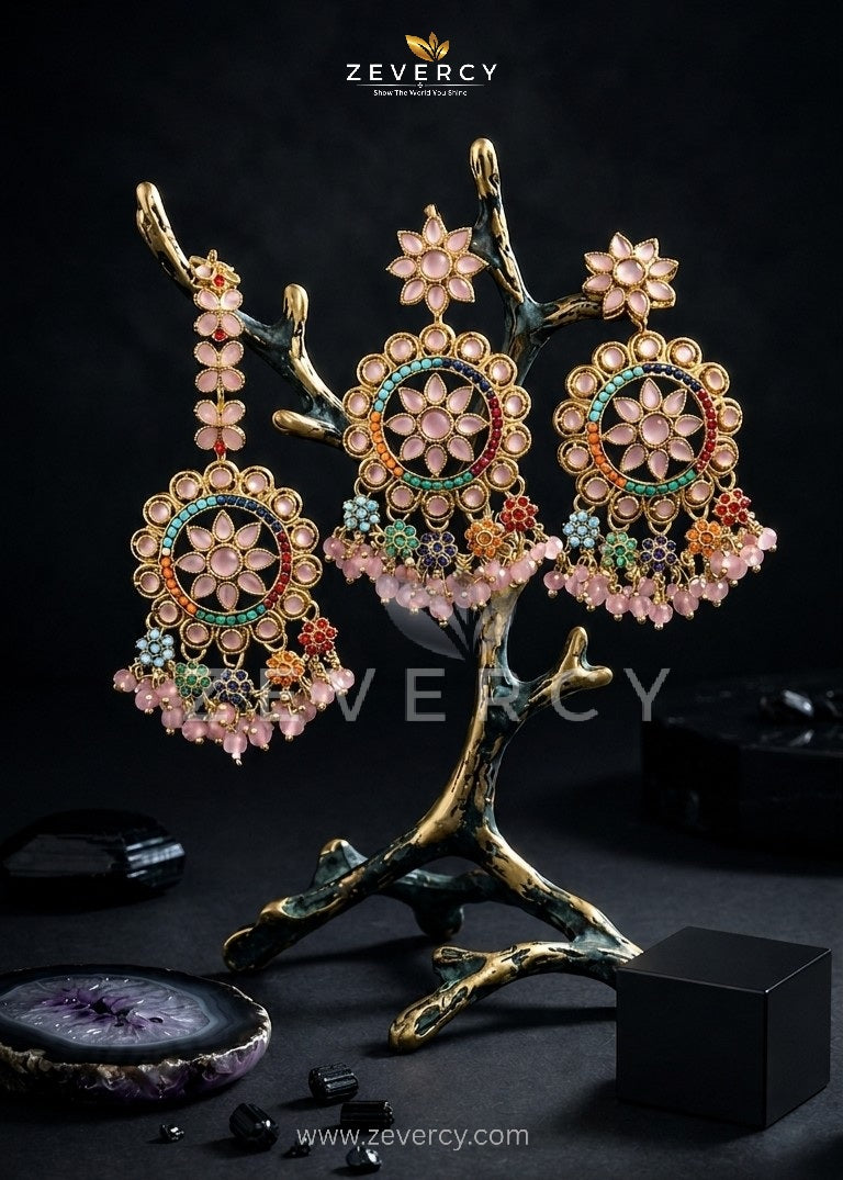 Noor-e-Navaratan Chetam Floral Circular Chandelier Earrings with Teeka By Zevercy