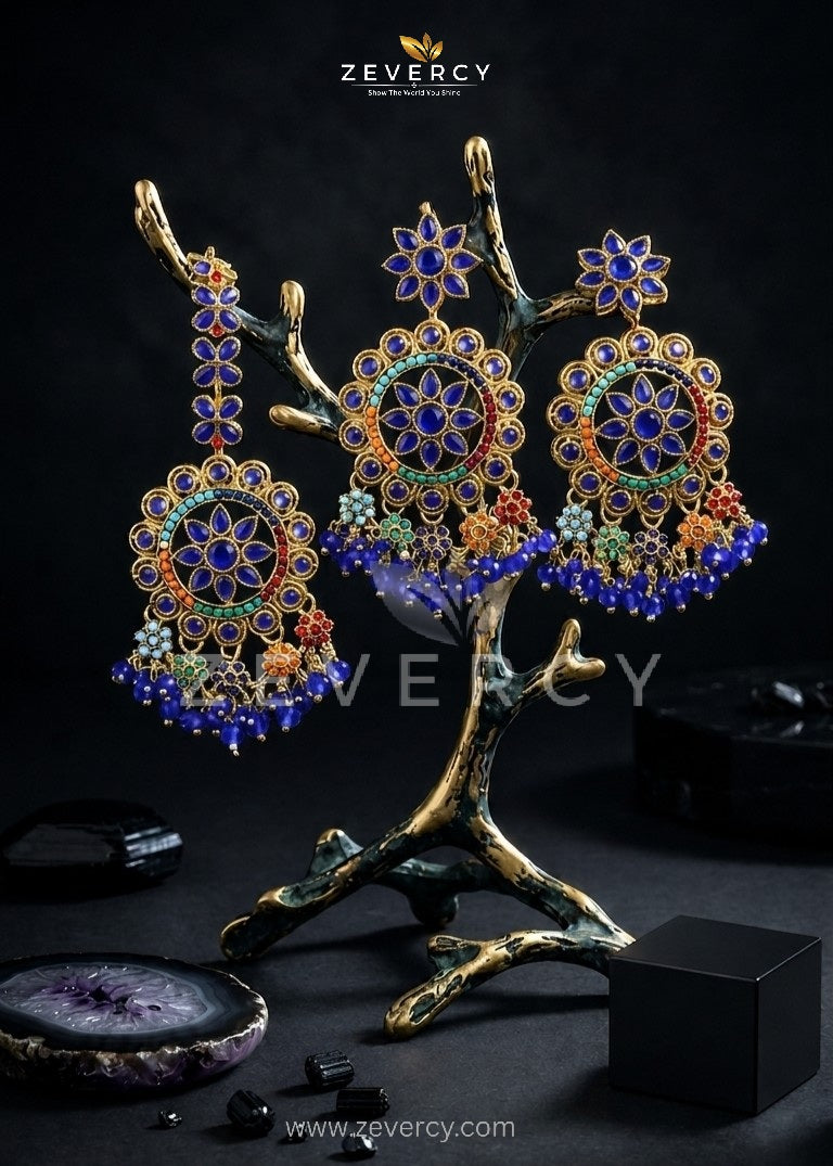 Noor-e-Navaratan Chetam Floral Circular Chandelier Earrings with Teeka By Zevercy