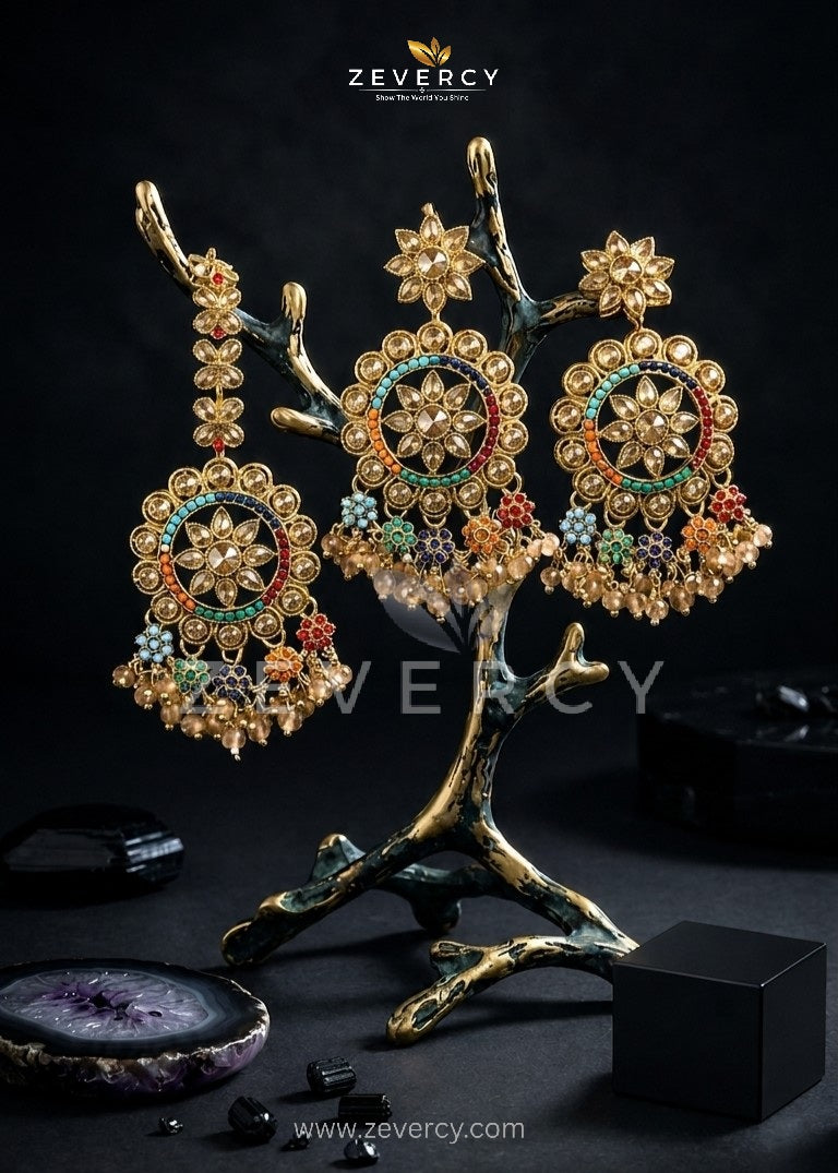 Noor-e-Navaratan Chetam Floral Circular Chandelier Earrings with Teeka By Zevercy