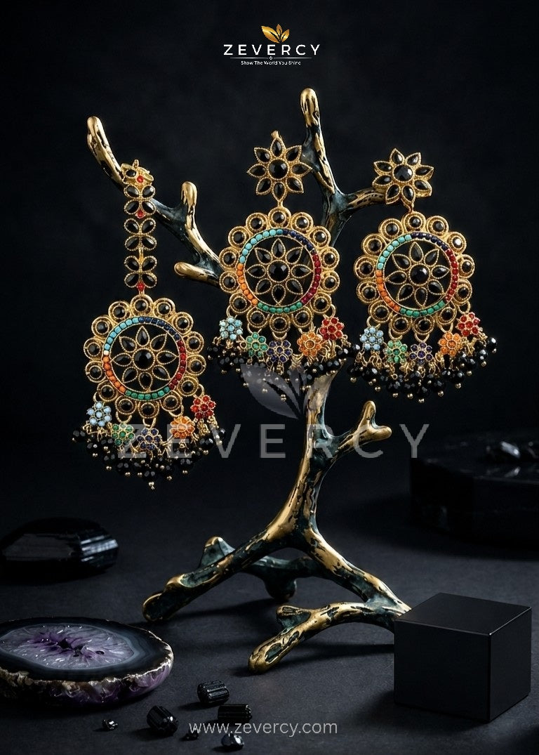 Noor-e-Navaratan Chetam Floral Circular Chandelier Earrings with Teeka By Zevercy