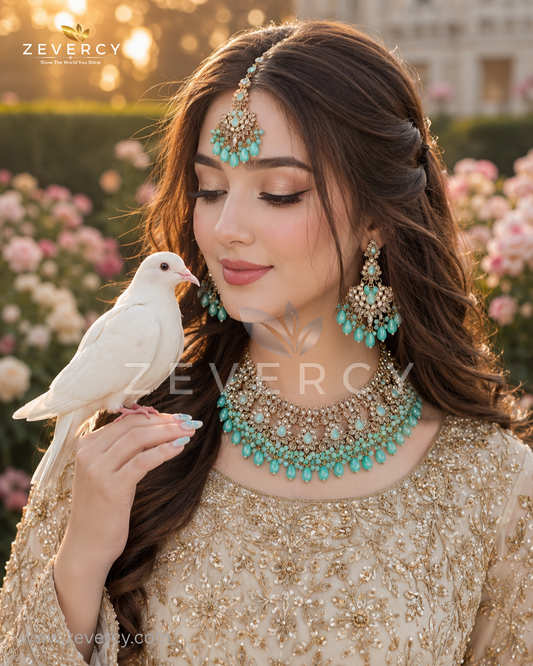 Roshana Zircon Necklace Set | Zircon Necklace Set with Earrings & Maang Tikka by Zevercy