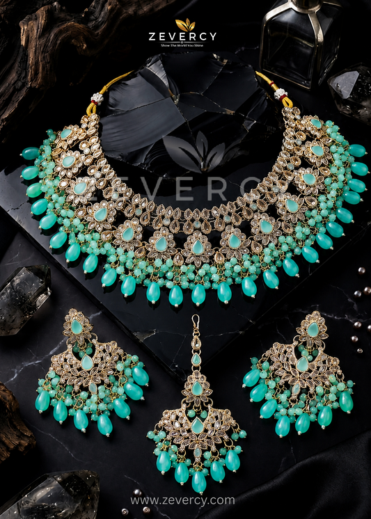 Roshana Zircon Necklace Set | Zircon Necklace Set with Earrings & Maang Tikka by Zevercy