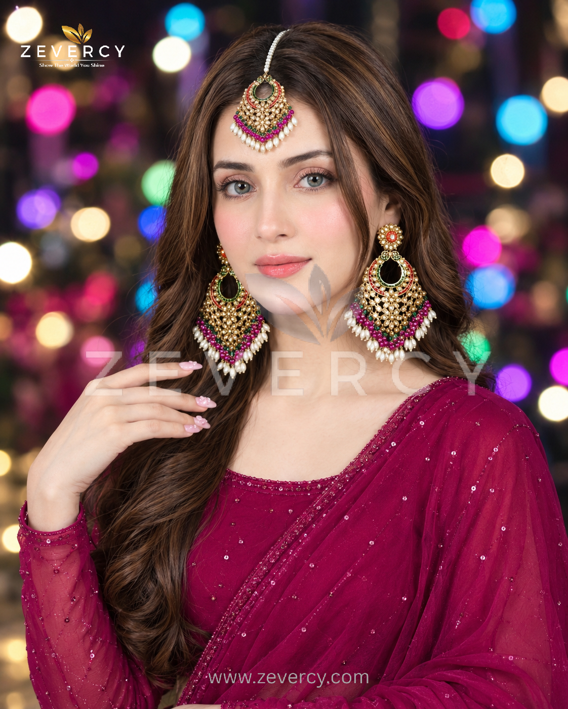 Sundari Navaratan Chetam Statement Earrings with Teeka by Zevercy
