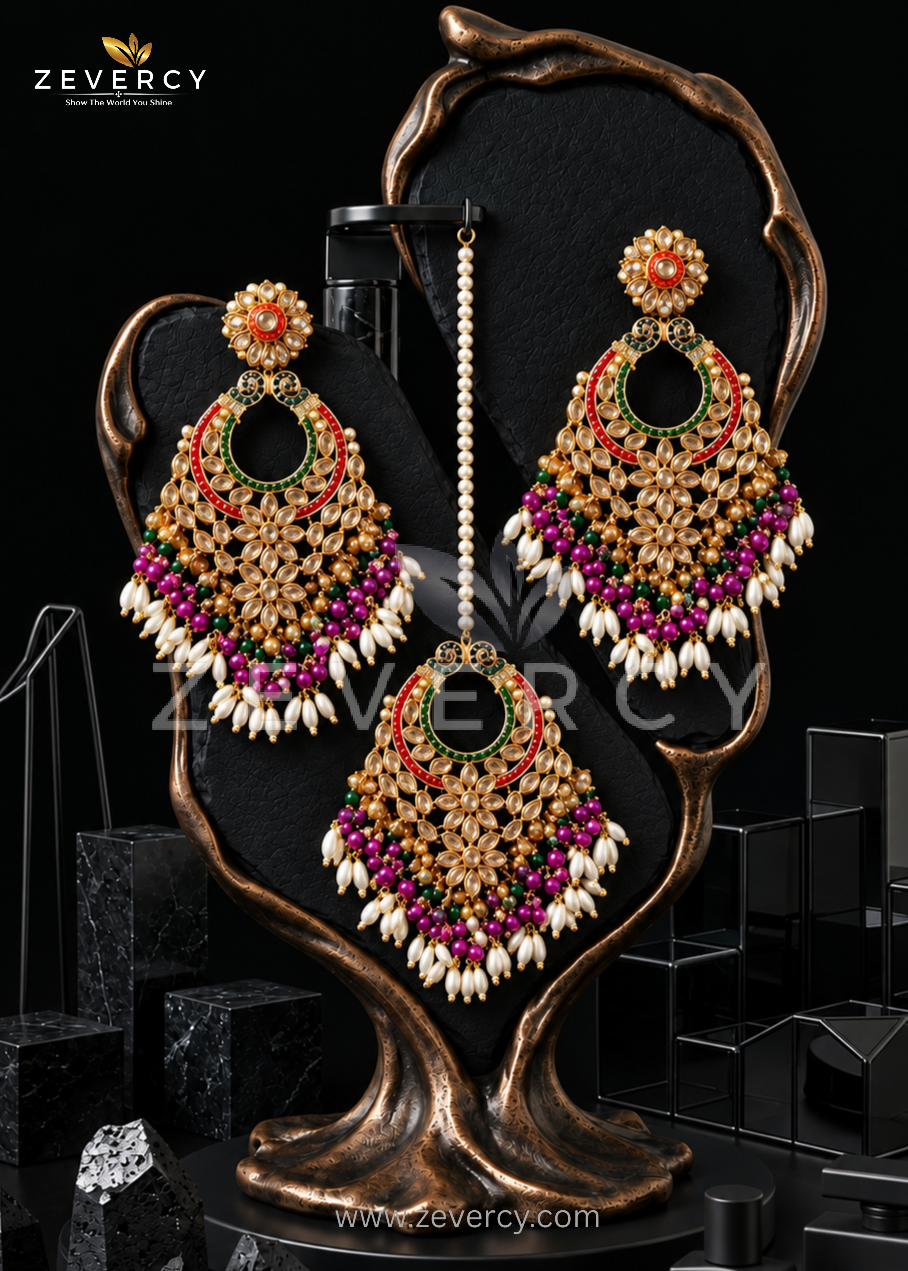Sundari Navaratan Chetam Statement Earrings with Teeka by Zevercy