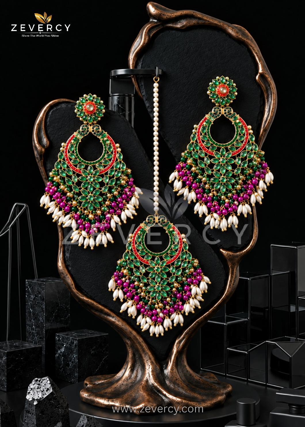 Sundari Navaratan Chetam Statement Earrings with Teeka by Zevercy