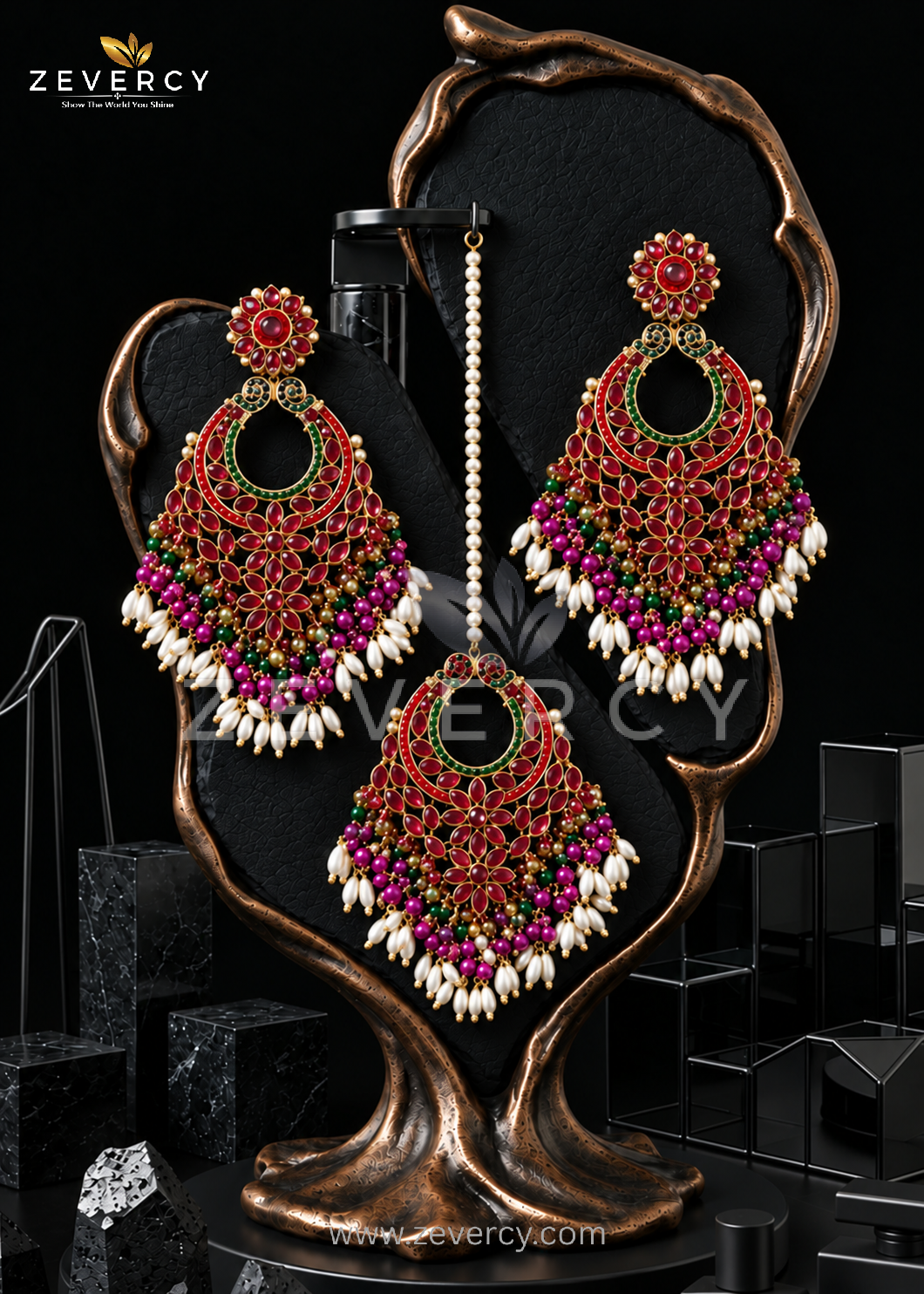 Sundari Navaratan Chetam Statement Earrings with Teeka by Zevercy