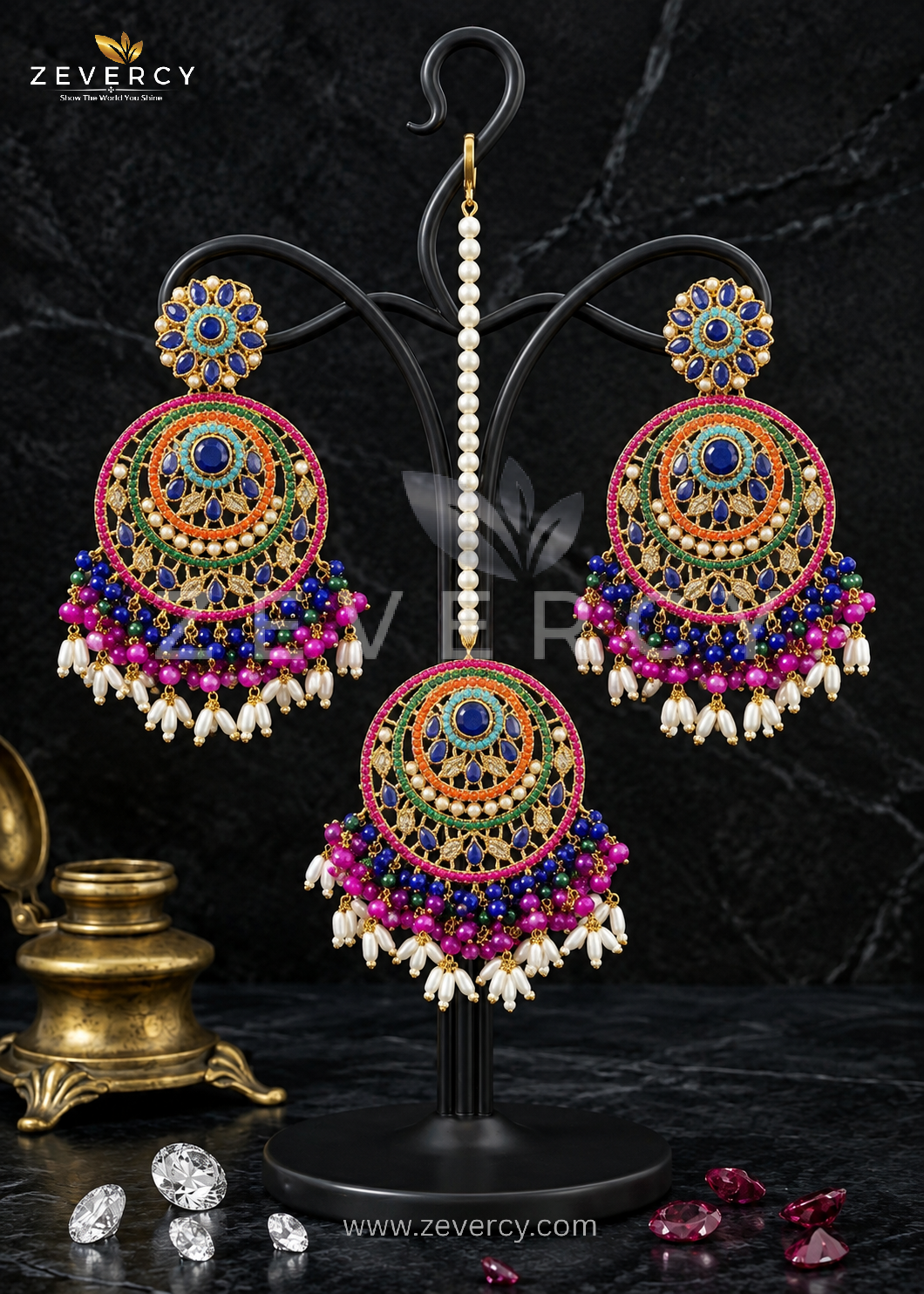 Dangle Earrings & Maang Tikka Set — Navaratan by Zevercy ✨