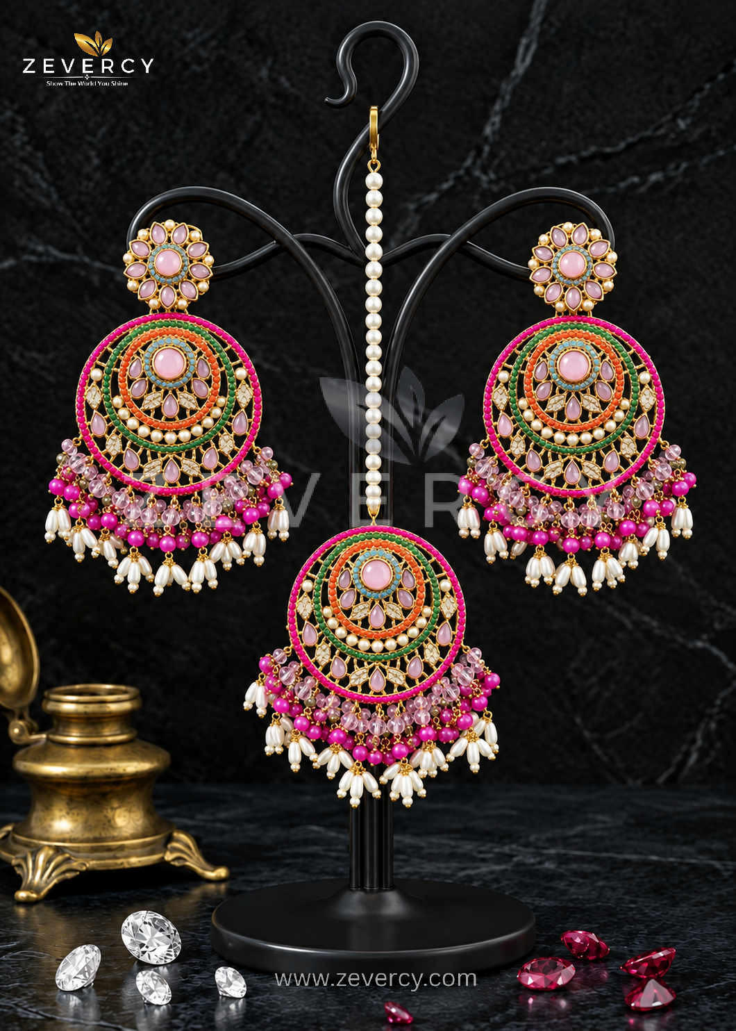 Dangle Earrings & Maang Tikka Set — Navaratan by Zevercy ✨