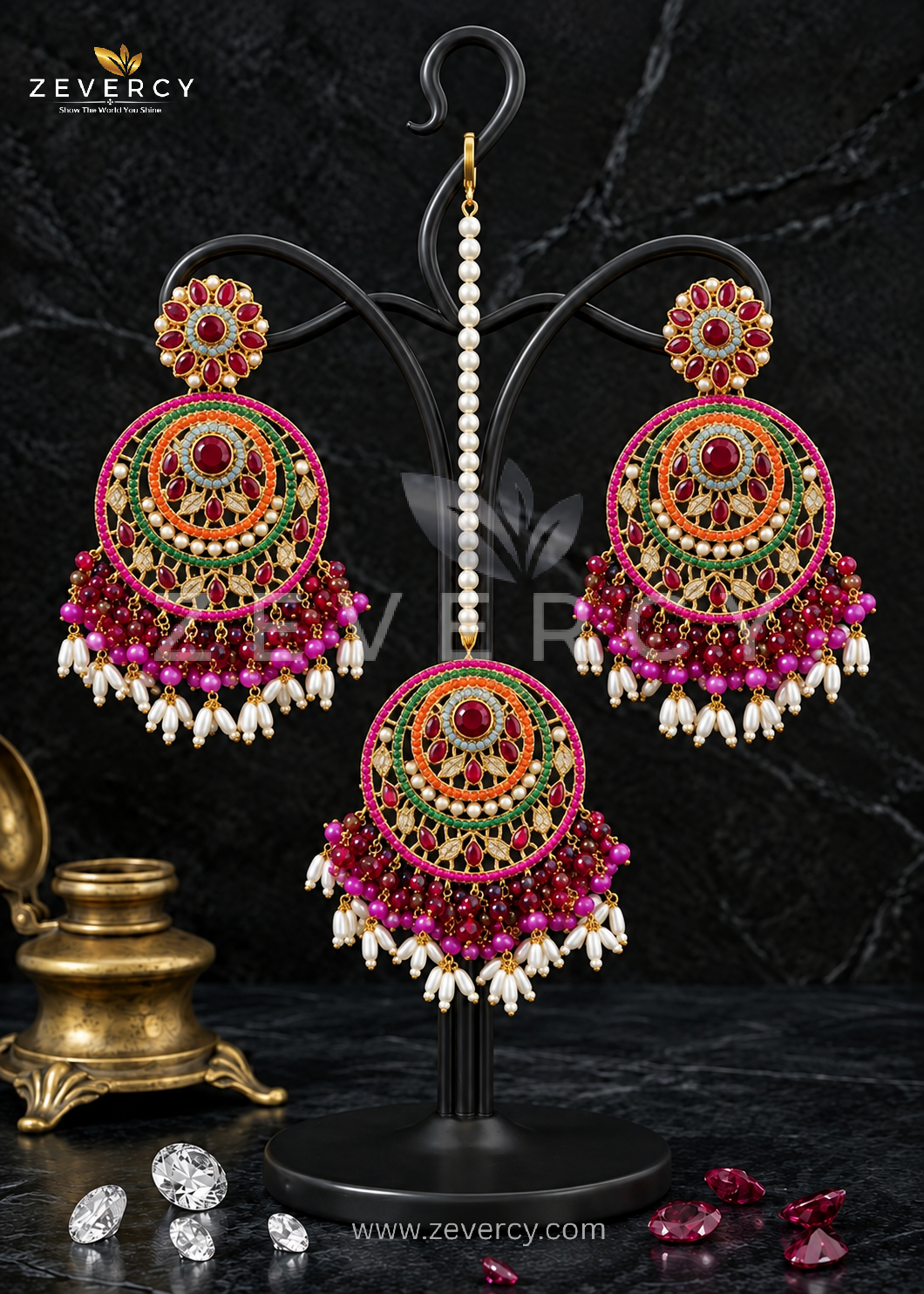 Dangle Earrings & Maang Tikka Set — Navaratan by Zevercy ✨