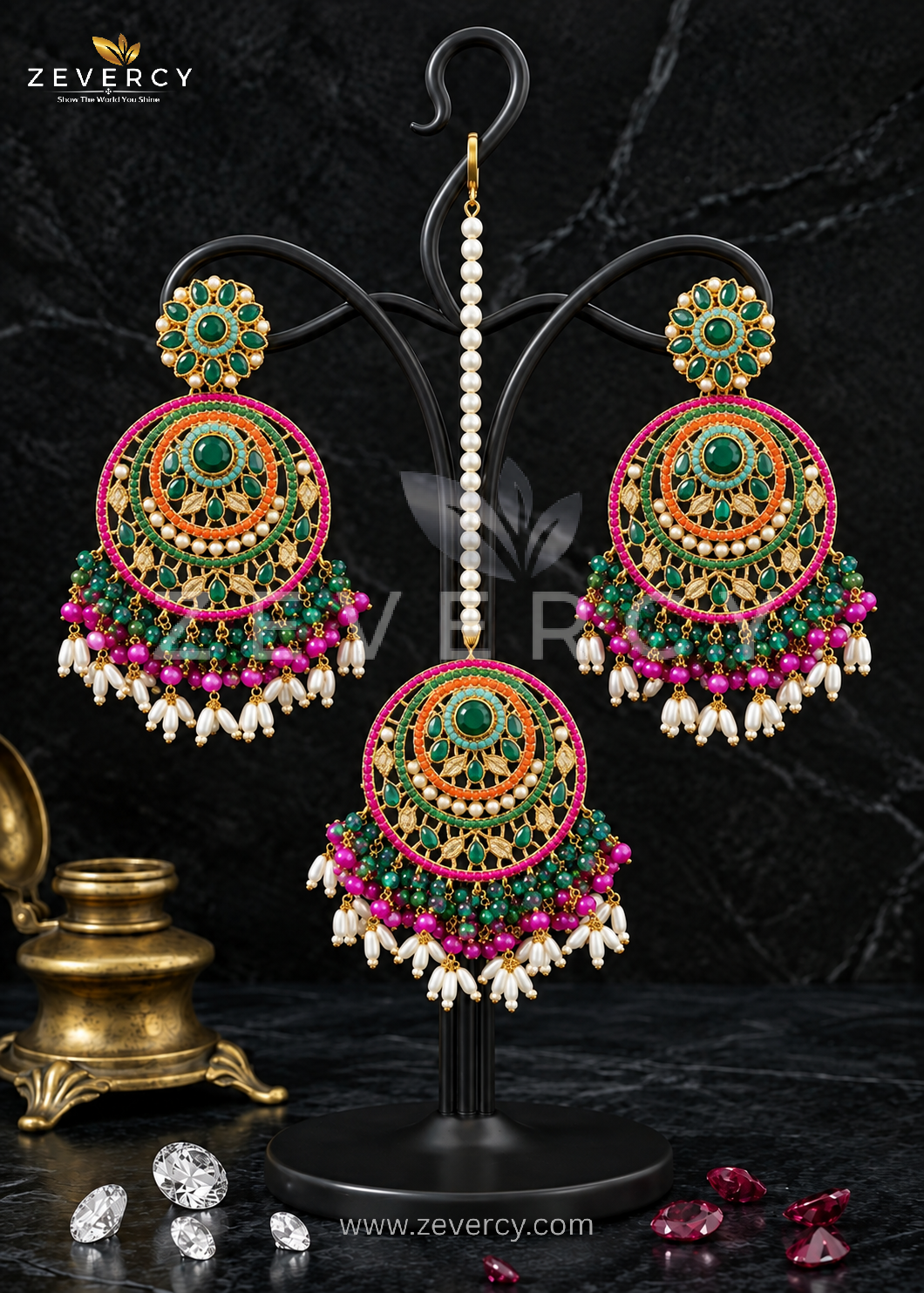 Dangle Earrings & Maang Tikka Set — Navaratan by Zevercy ✨