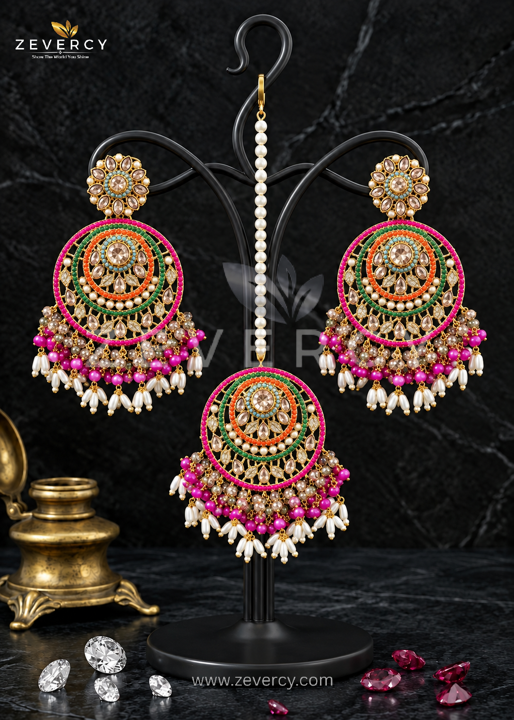 Dangle Earrings & Maang Tikka Set — Navaratan by Zevercy ✨